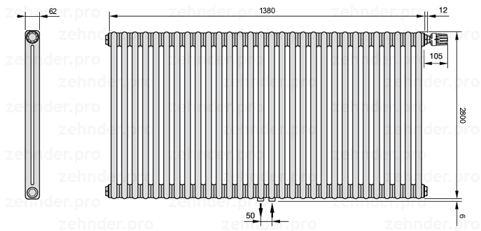 Схема (чертеж) Радиатор Zehnder Charleston 2280/30 №V008 Белый глянцевый RAL 9016